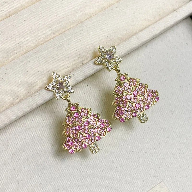 Pink Christmas Tree Earrings for Women