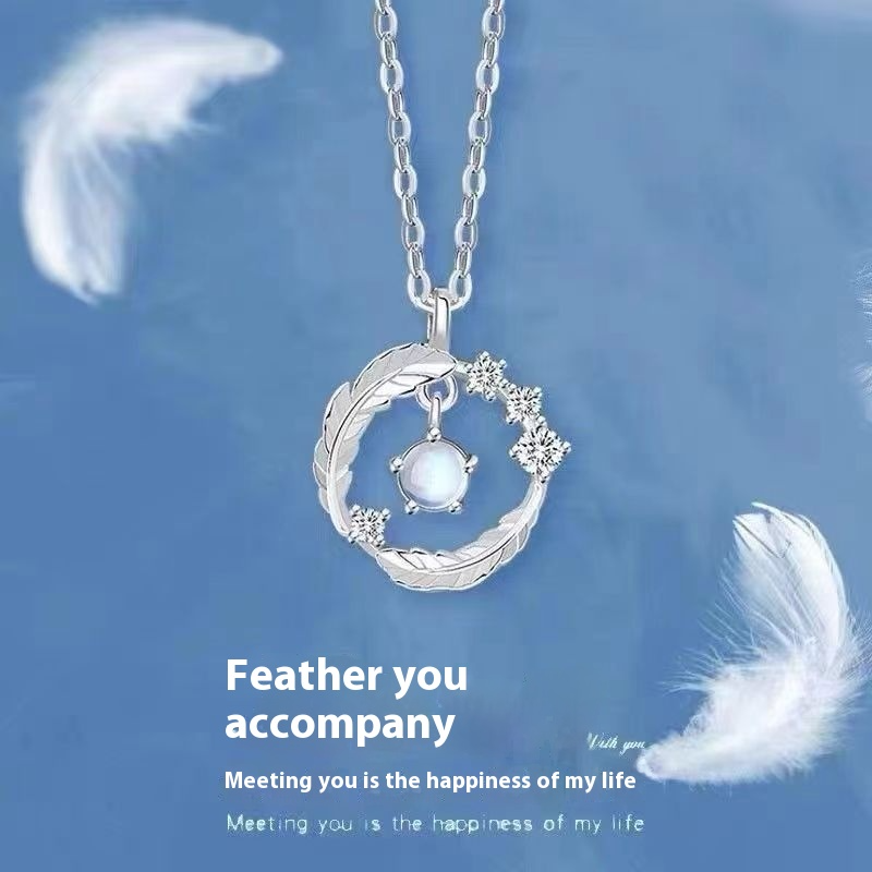 Feather Shape Moonstone Pendant Necklace