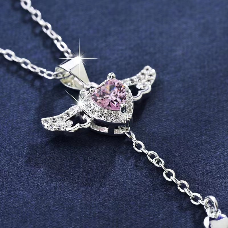 Cute Moving Cupid Heart Angel Wings Tassel Necklace