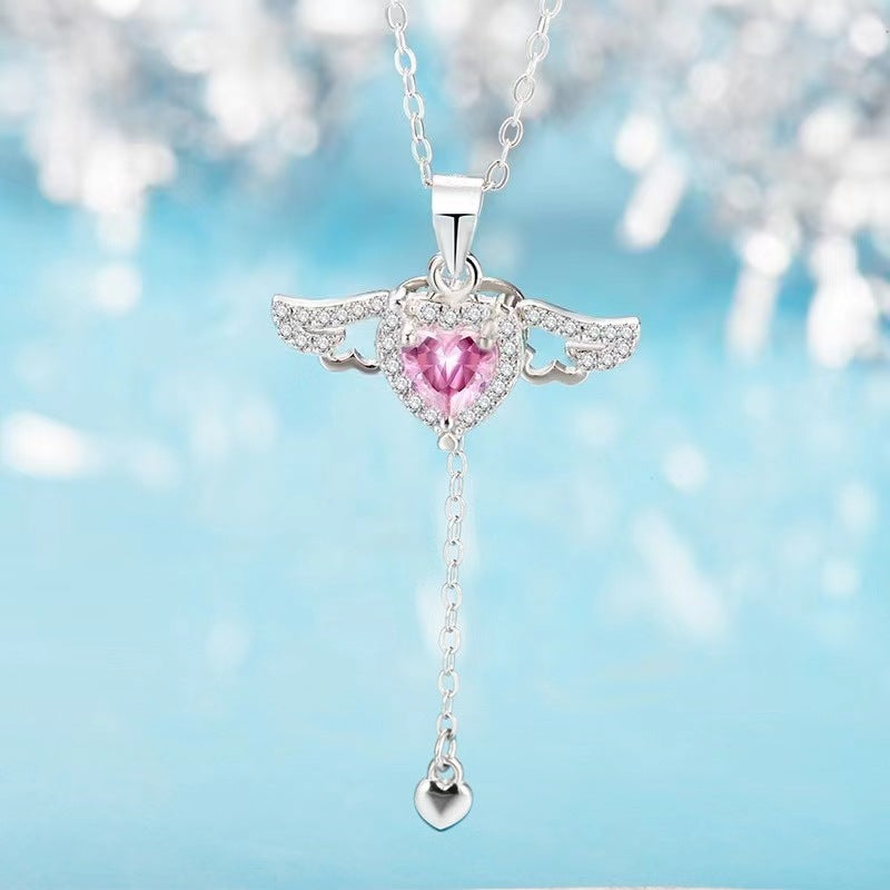 Cute Moving Cupid Heart Angel Wings Tassel Necklace