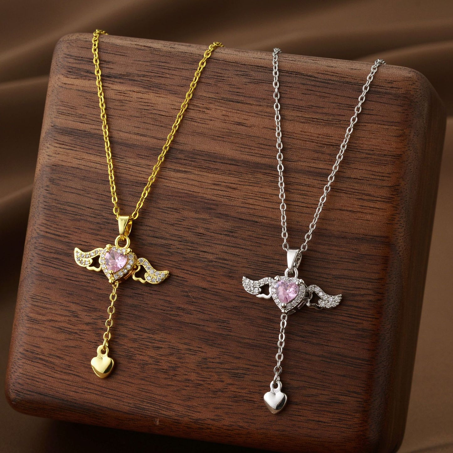 Cute Moving Cupid Heart Angel Wings Tassel Necklace