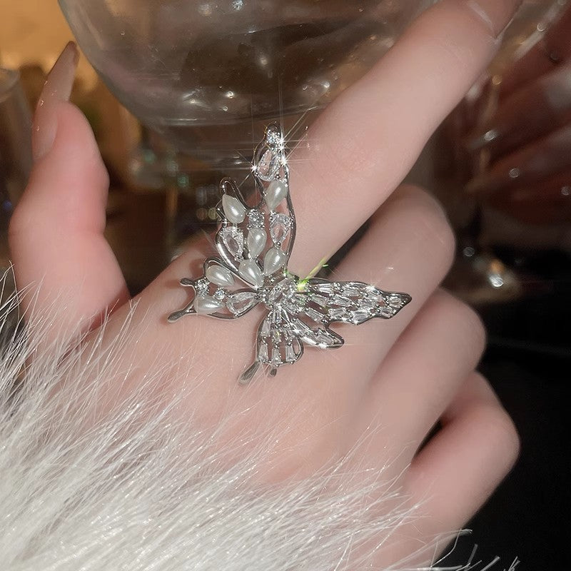 Elegant Butterfly Pearl Ring Open Size