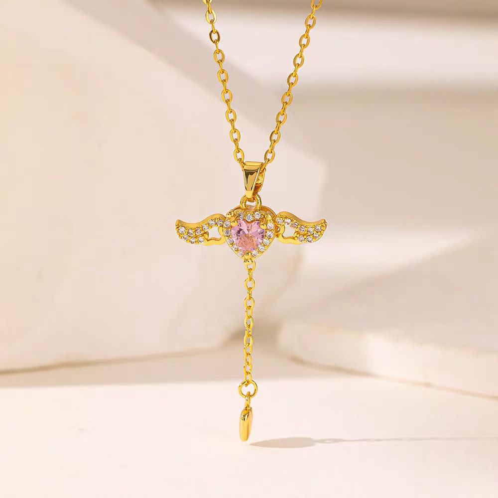 Cute Moving Cupid Heart Angel Wings Tassel Necklace